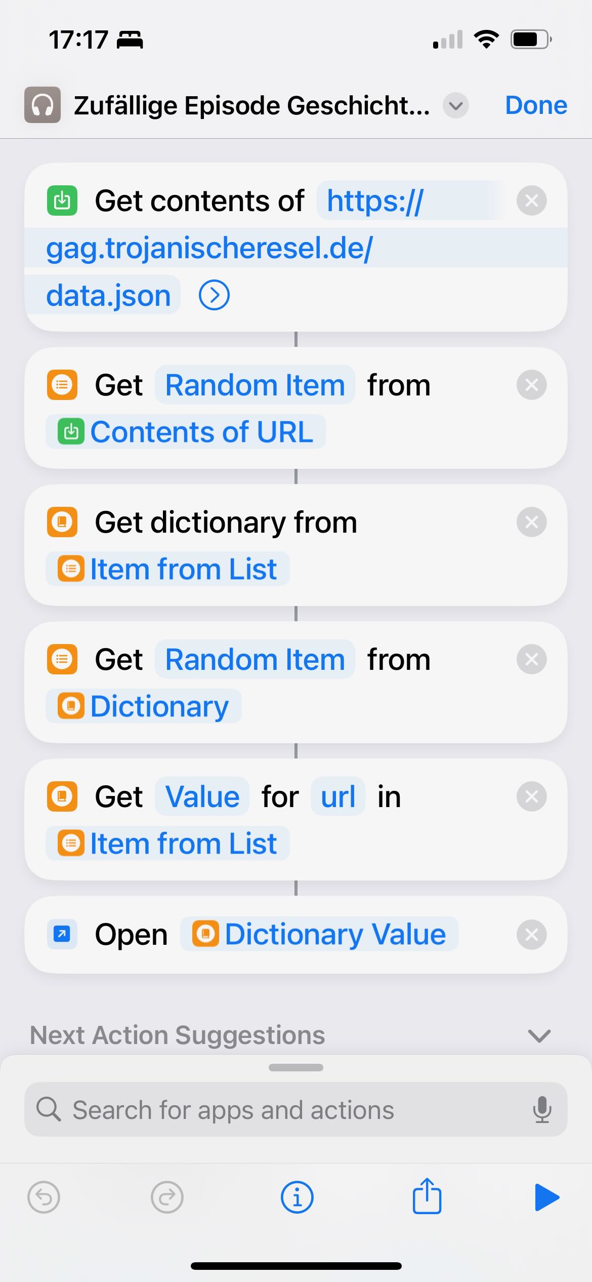 Shortcuts App showing an example workflow to load and extract a sample podcast from an array of dictionaries