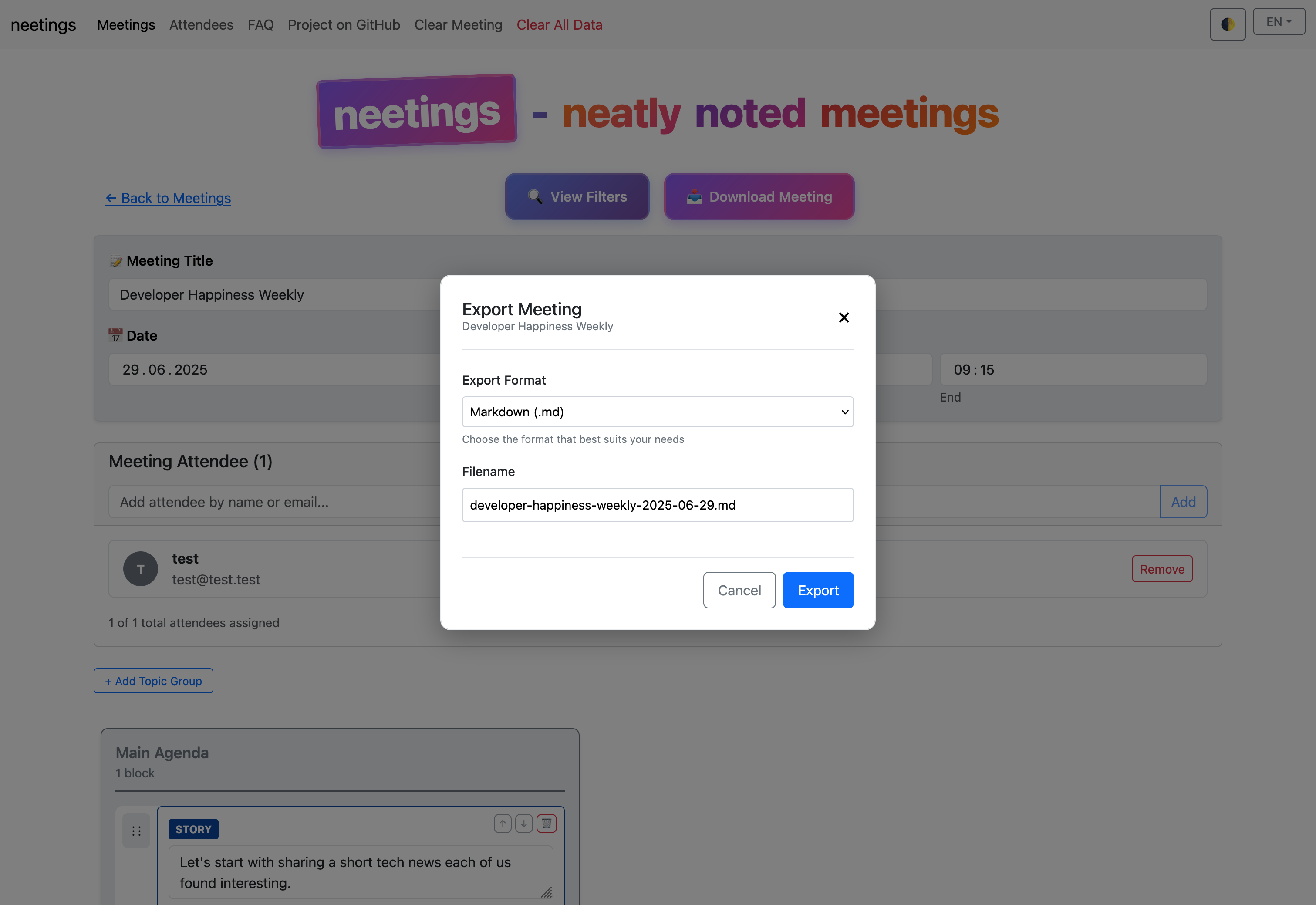 Export options modal