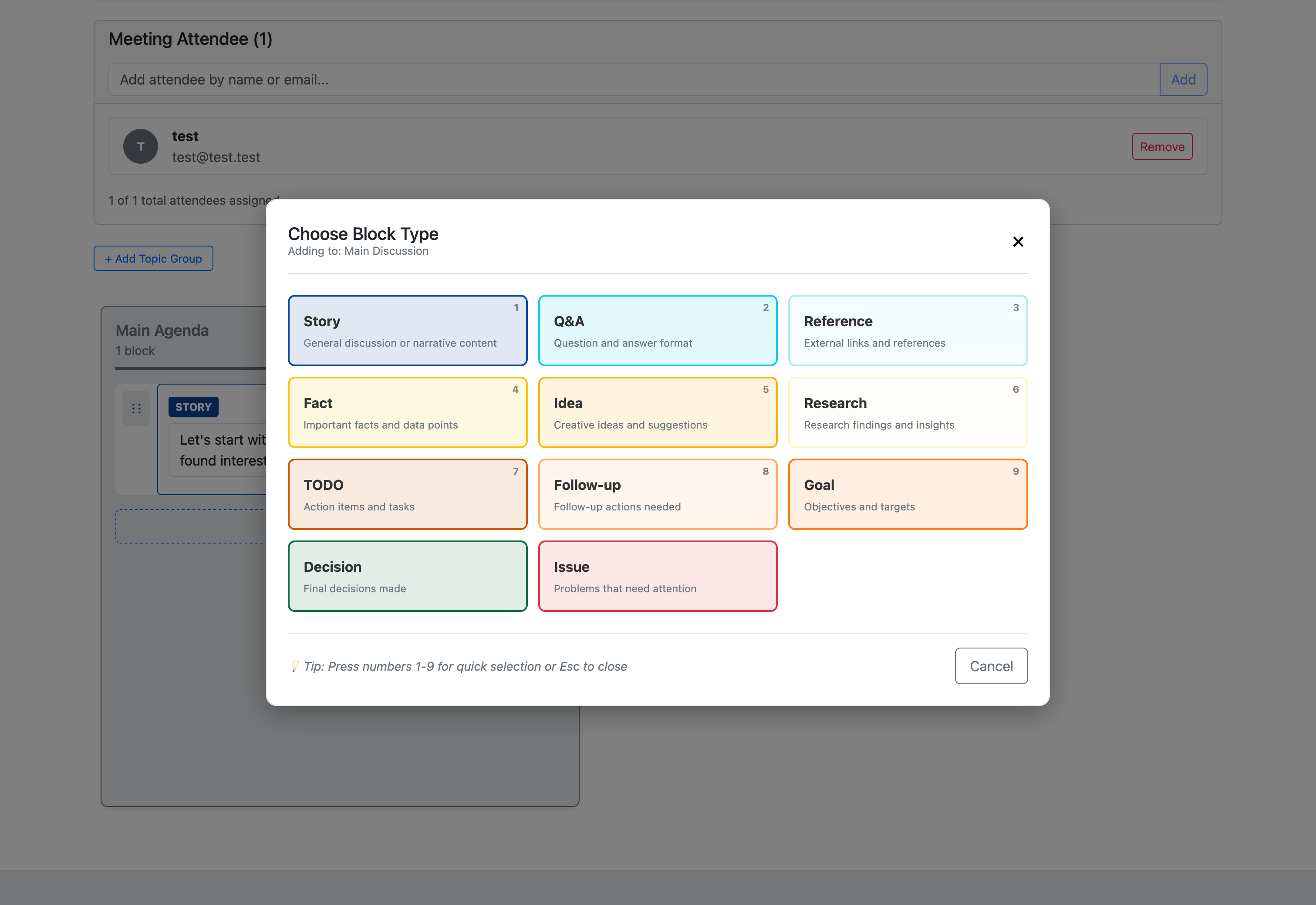 Block type selection modal