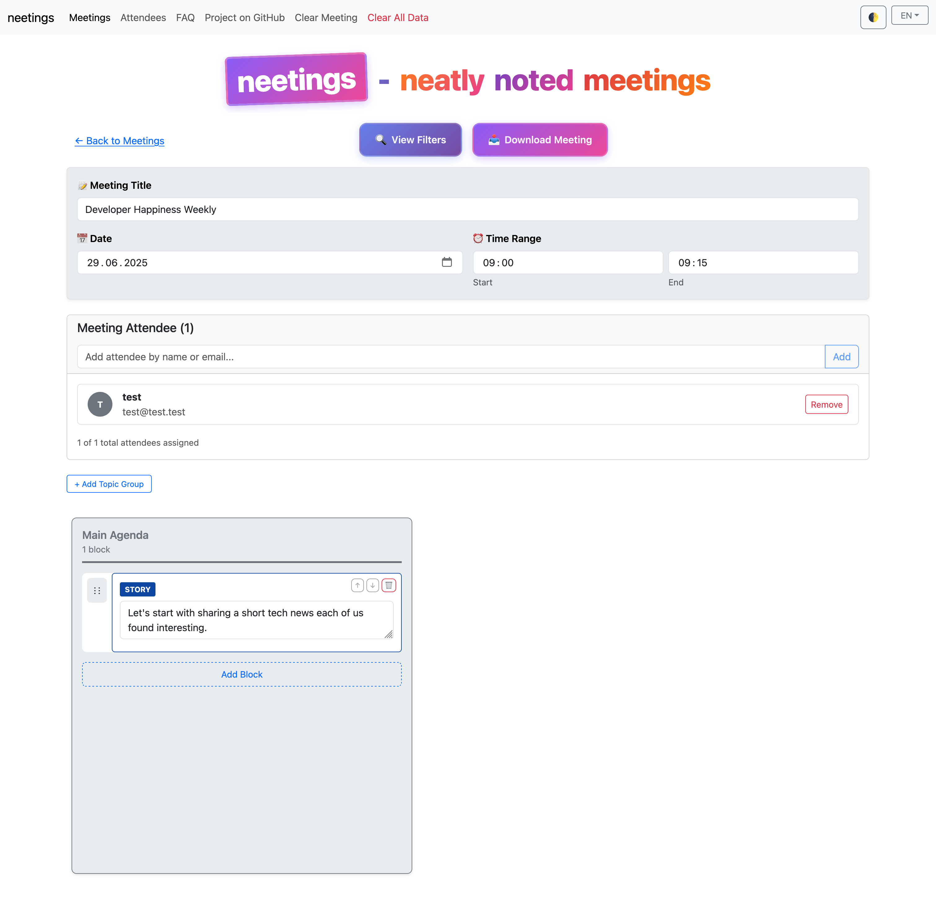 Meeting view with organized blocks