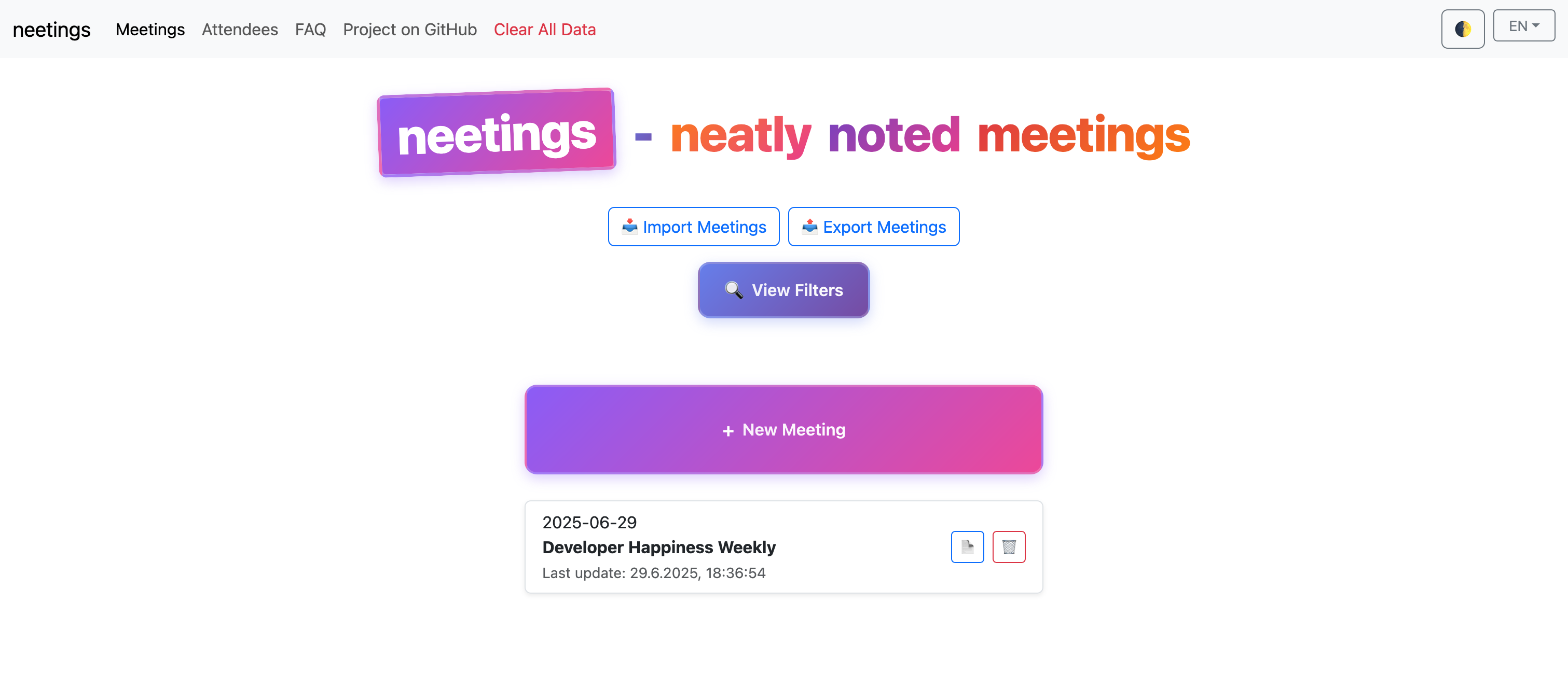 Main overview showing organized meetings